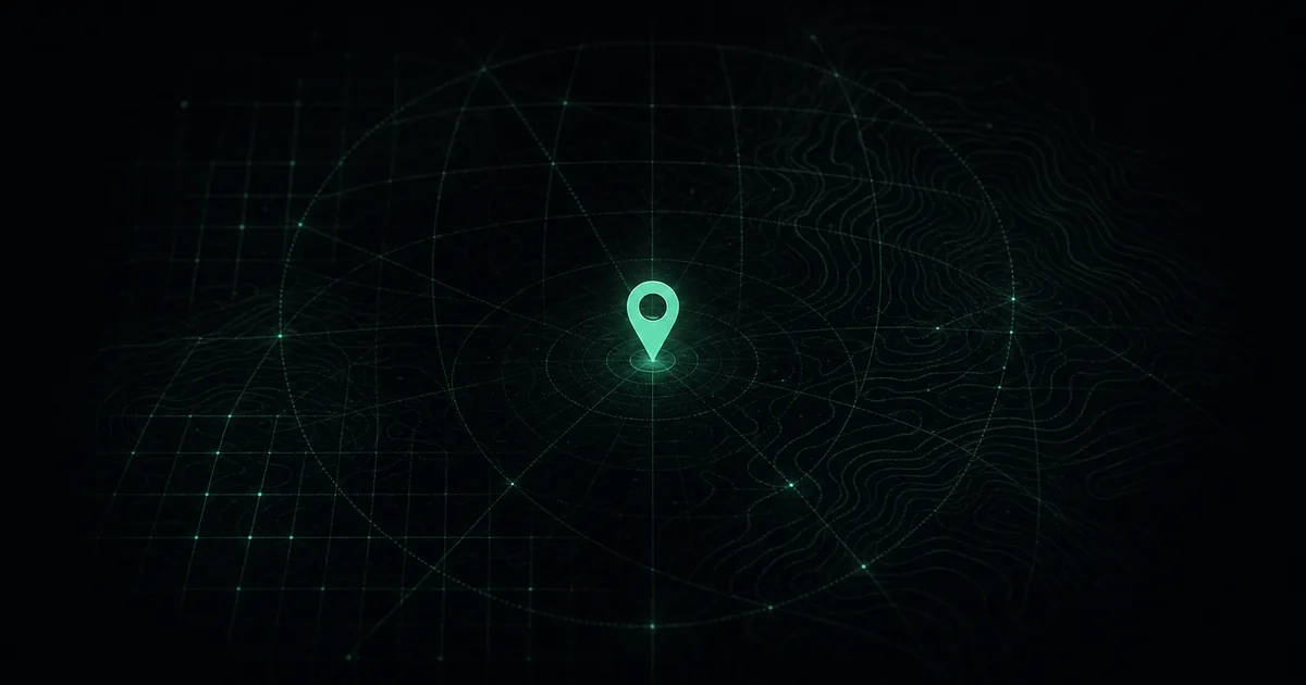 A glowing location pin with several coordinate systems converging on one point
