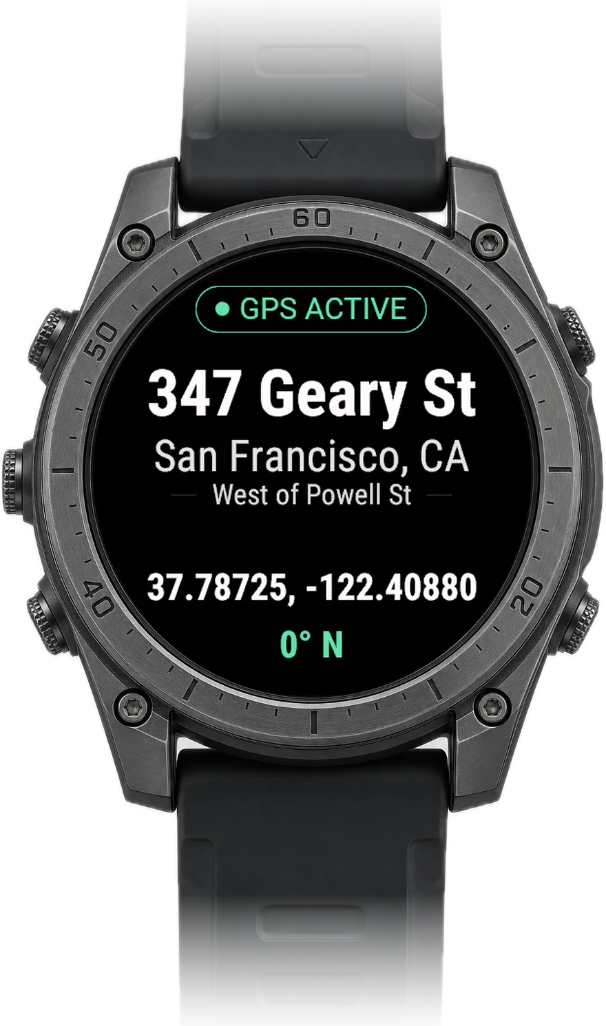 LOC8 on a Garmin watch: GPS active, 347 Geary St, San Francisco, CA, West of Powell St, coordinates 37.78725, -122.40880, heading 0 degrees north