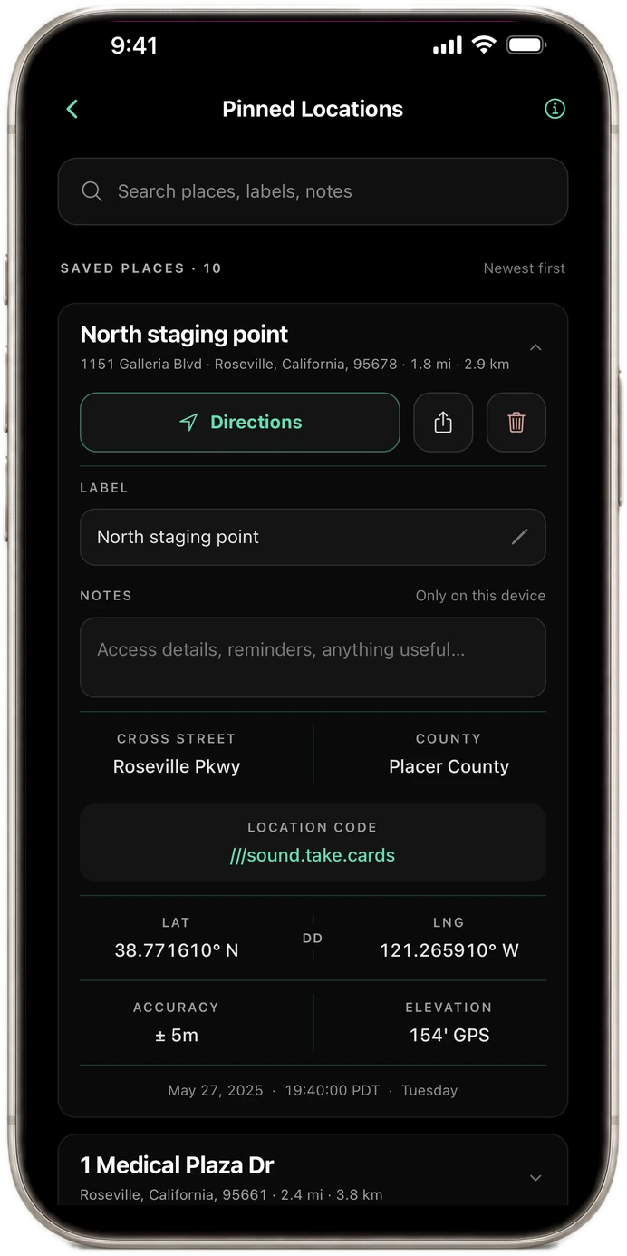 iPhone showing a saved pin labeled North staging point at 1151 Galleria Blvd, with Directions, private notes, the cross street, county, three-word code, coordinates, accuracy, and elevation.