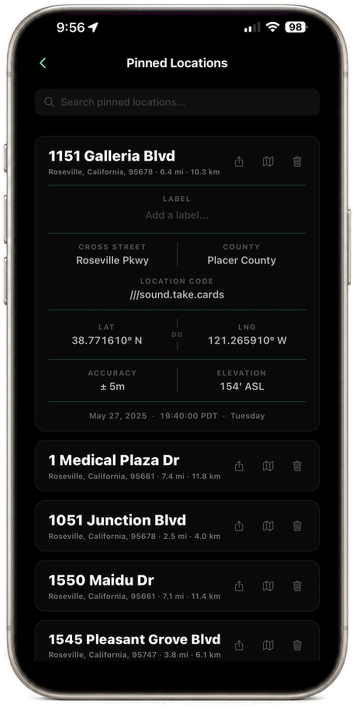 LOC8 Pinned Locations on iPhone with the saved spot 1151 Galleria Blvd expanded to show its cross street, county, what3words location code ///sound.take.cards, coordinates, accuracy, and elevation, above a list of more pinned addresses.