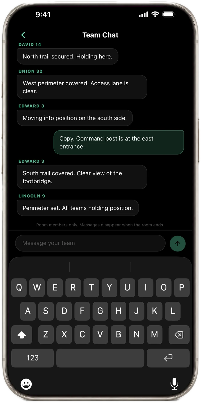 iPhone showing a LOC8 Team Chat where members call out their positions around a perimeter.