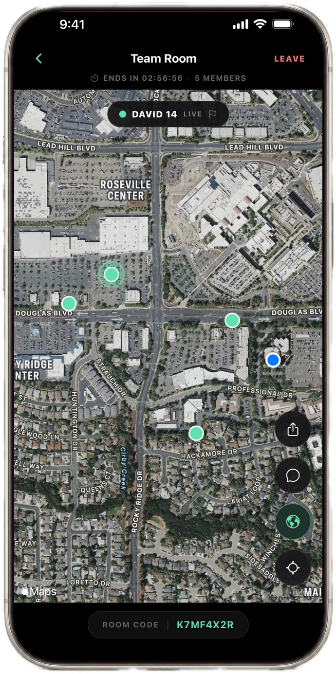 iPhone showing a LOC8 Team Room on a satellite map with five members&rsquo; live positions, a room code, and a countdown until the room closes.