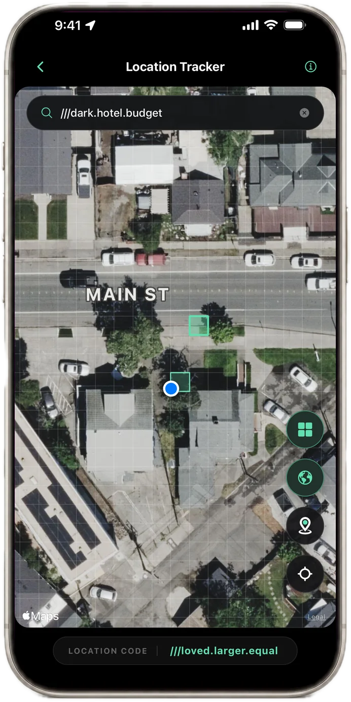iPhone showing the LOC8 Location Tracker on a satellite map with the three-word grid, one 3 metre square highlighted, and the code ///dark.hotel.budget in the search bar.