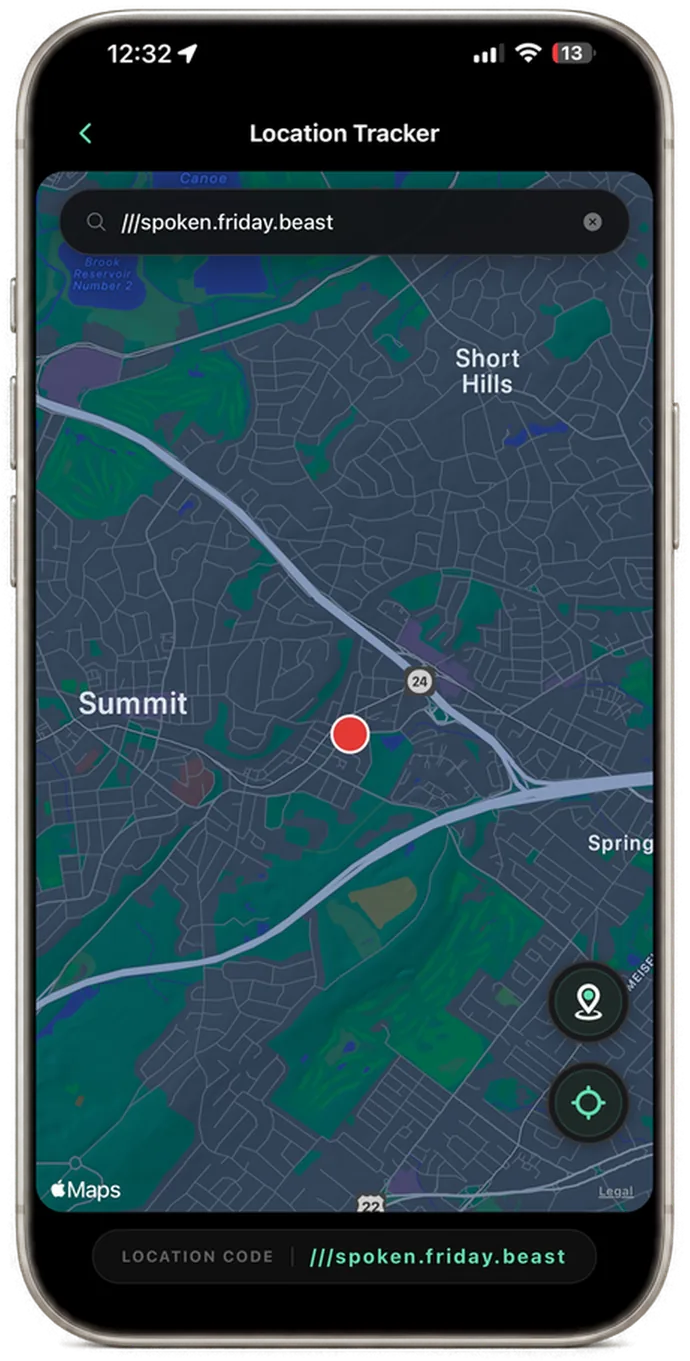 LOC8 Location Tracker on iPhone showing a map with a current-location dot and the three-word address ///spoken.friday.beast in the search bar and at the bottom.