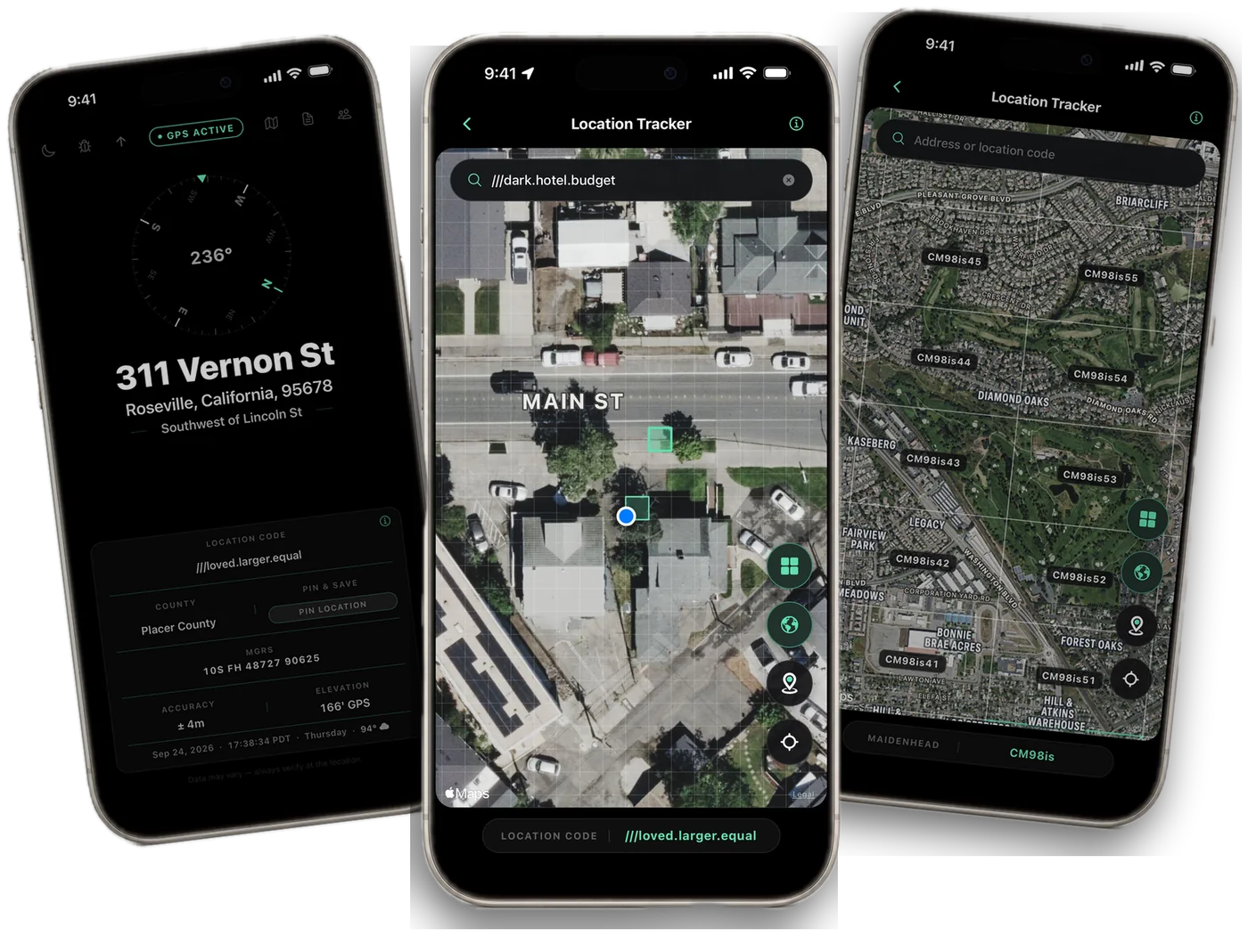 Three LOC8 screens on iPhone, fanned out: in front, the Location Tracker satellite map with the three-word 3 meter grid and the location code ///loved.larger.equal; right beside it, the same city with the Maidenhead grid and the locator CM98is; on the left, the home screen with MGRS coordinates 10S FH 48727 90625