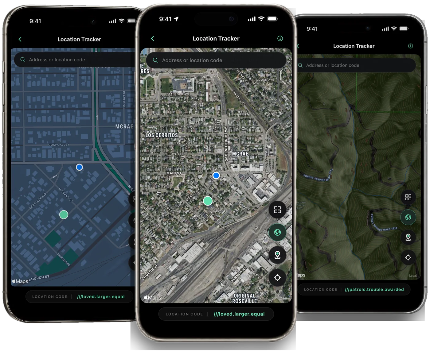 Three LOC8 Location Tracker maps on iPhone: satellite in front, with a standard city map and topo terrain turned on either side
