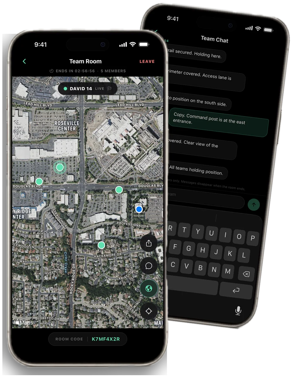 A LOC8 Team Room on iPhone: in front, teammates live on a satellite map; tilted behind it, the room chat with messages like North trail secured