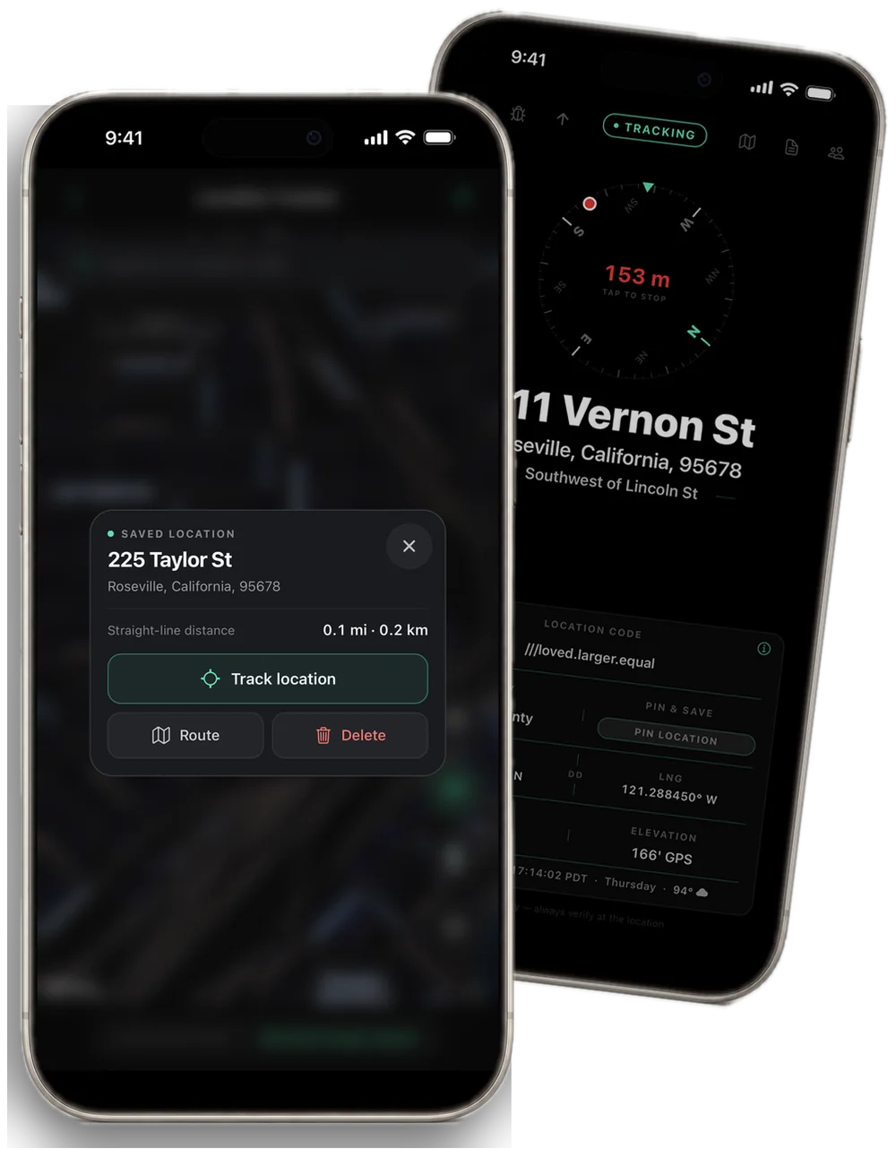 Tracking a place in LOC8 on iPhone: in front, a saved location, 225 Taylor St, with the Track location button; tilted behind it, the home screen compass pointing to it with 153 m to go