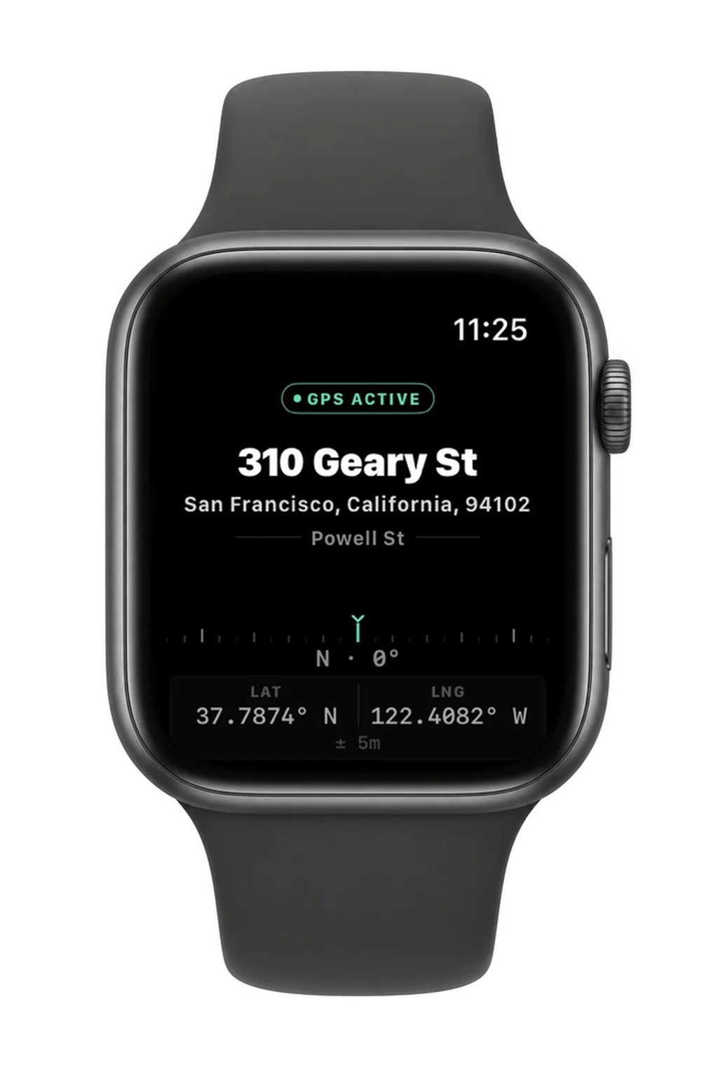 LOC8 on Apple Watch: GPS active, the address 310 Geary St, San Francisco, California 94102, the cross street Powell St, a true-heading compass, and latitude 37.7874 north, longitude 122.4082 west.