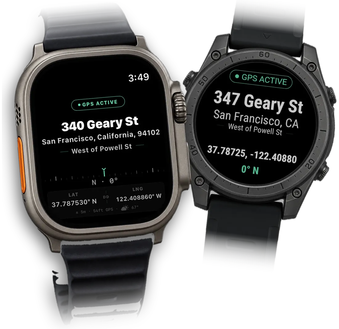 LOC8 on an Apple Watch Ultra in front and a Garmin watch behind it, both showing Geary St in San Francisco, West of Powell St, with coordinates and heading.