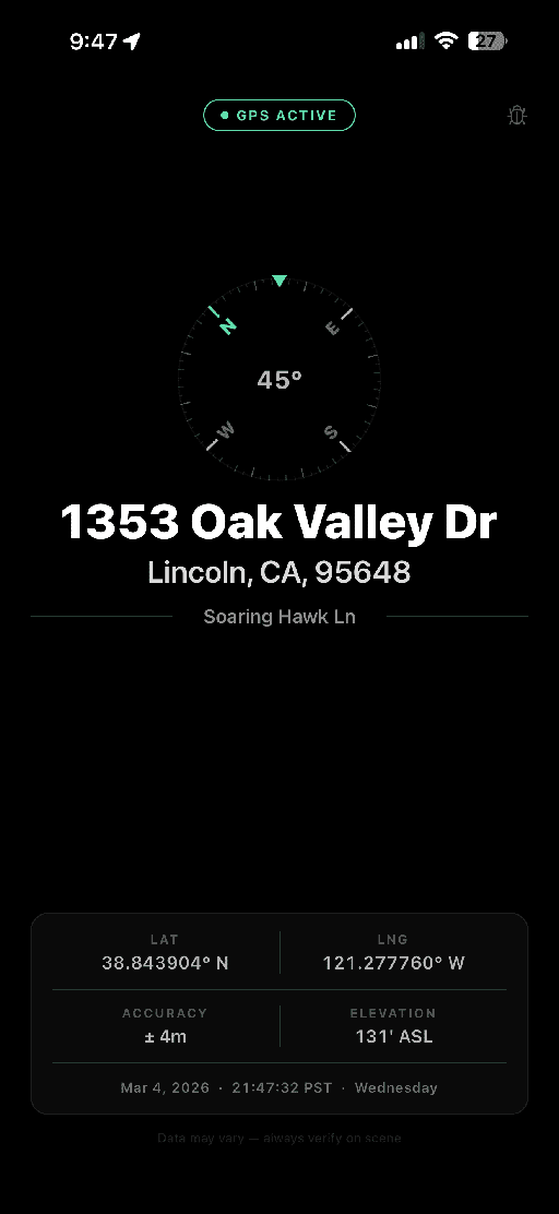 loc8 app showing 1353 Oak Valley Dr, Lincoln, California with compass heading, GPS coordinates, elevation, and cross street